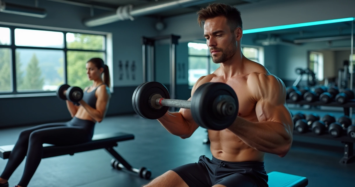 Homem e mulher realizando bi-set de musculação em academia moderna 