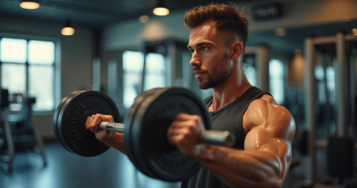 Homem realiza rosca scott em aparelho de academia 