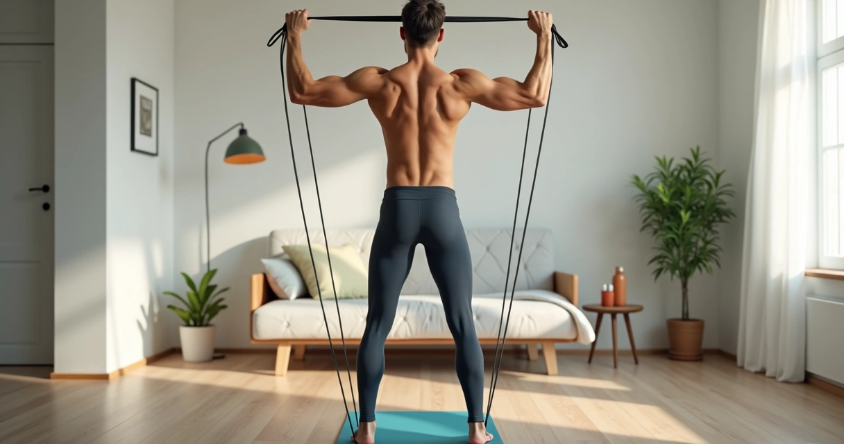 Pessoa treinando bíceps com elástico de resistência em casa 