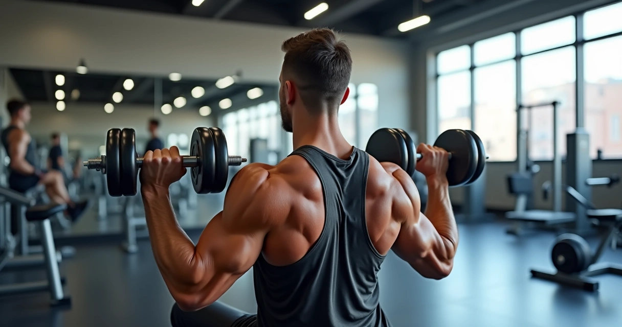 Homem realizando treino de bíceps com halteres em academia moderna com iluminação clara 