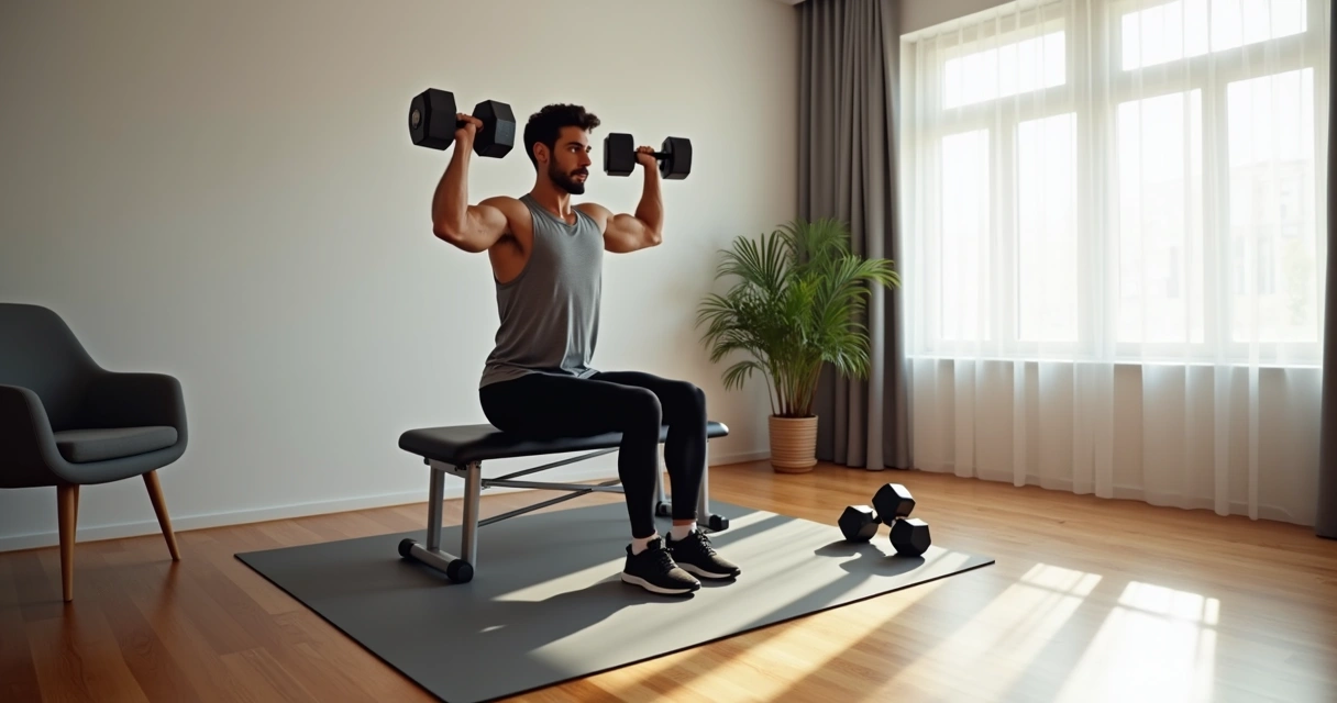 Treino de braços com halteres em casa com banco e tapete