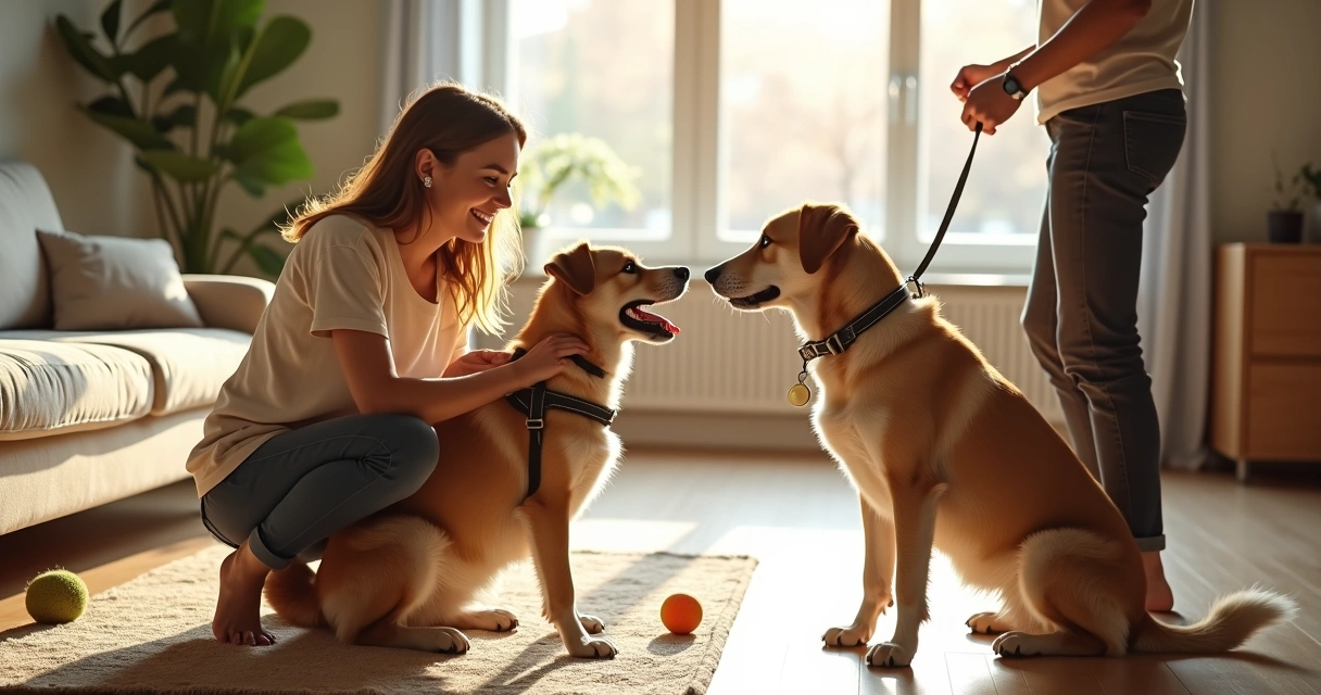 Treinadora a trabalhar com dois cães, um sentado com recompensa e outro preso a uma trela com ensino mais tradicional 