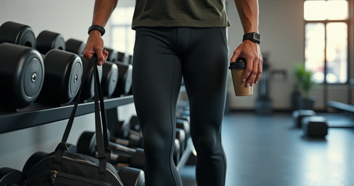Pessoa segurando xícara de café com bolsa de academia ao lado 