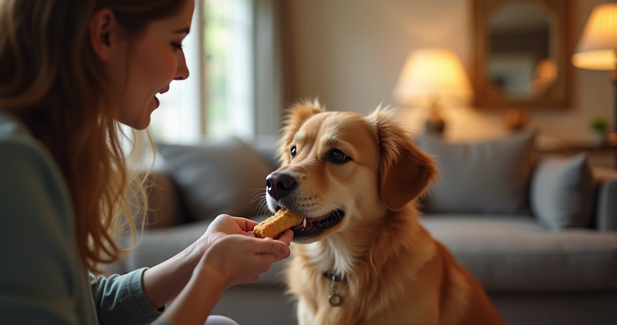 Cão a aprender o comando 'deita' com pet sitter numa sala 
