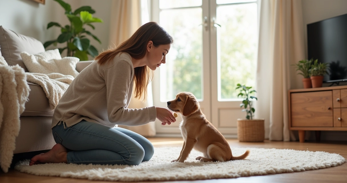 Tutor a treinar cão pequeno numa sala com brinquedos 
