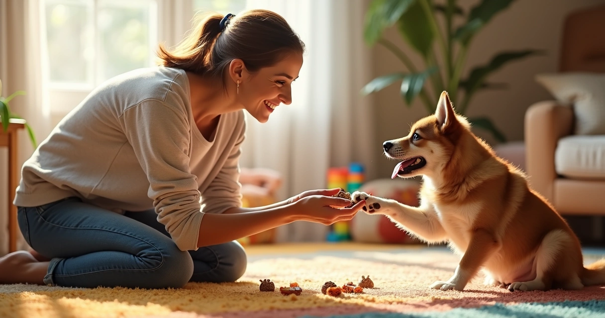 Pessoa a treinar um cão com biscoitos e carinho 