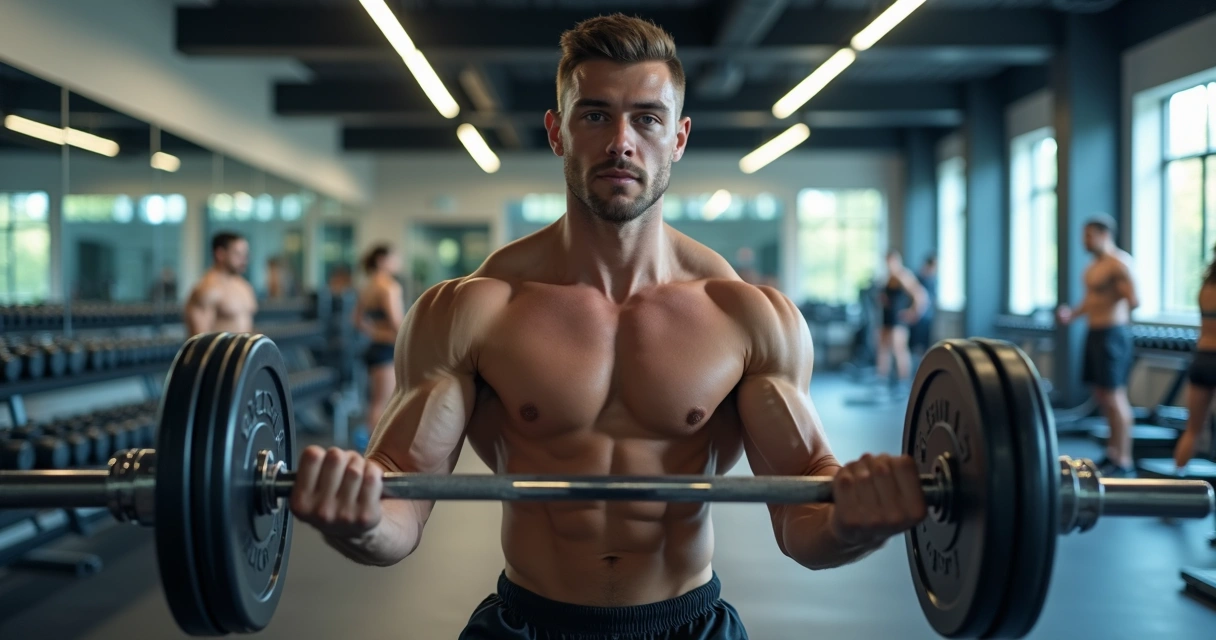 Homem fazendo musculação com pesos livres numa academia 