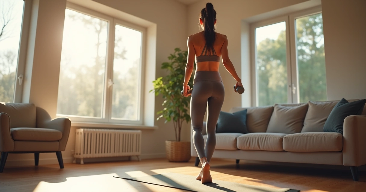 Mulher treinando em casa com halteres 