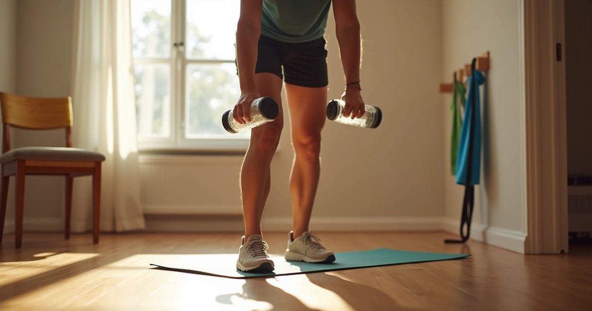 Pessoa treinando musculação em casa usando garrafas como pesinhos