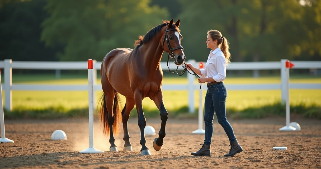 Treinador conduzindo cavalo em exercícios de solo para equilíbrio 