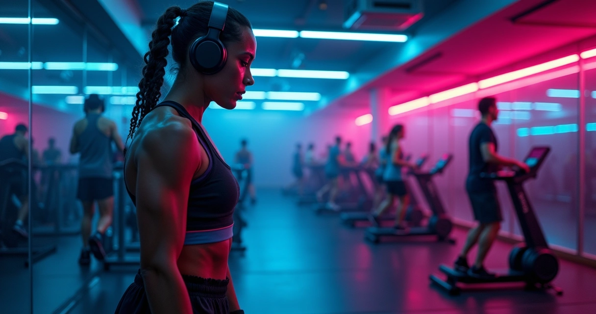 Atleta treinando com fones de ouvido em academia com luzes neon e equalizador ao fundo 