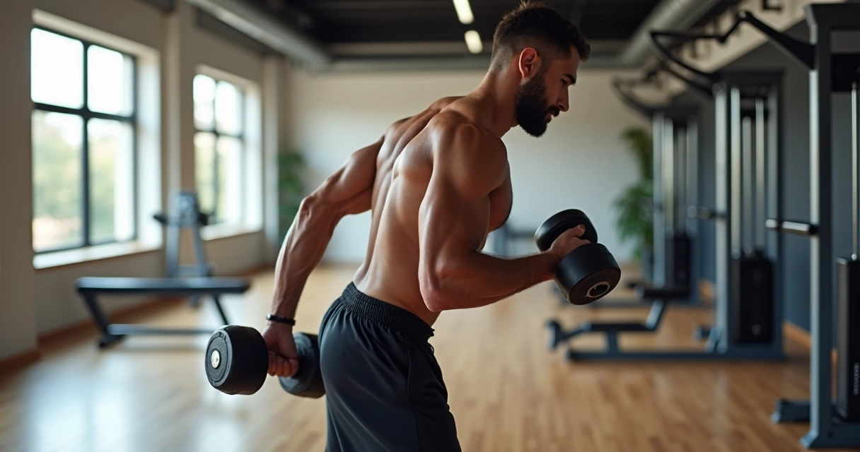 Homem executando remada unilateral com halter em academia moderna 
