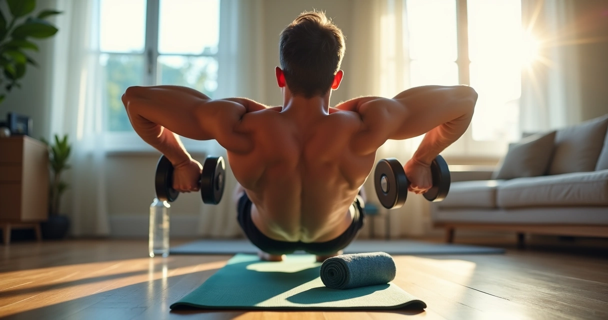 Pessoa faz treino de costas com halteres em casa 