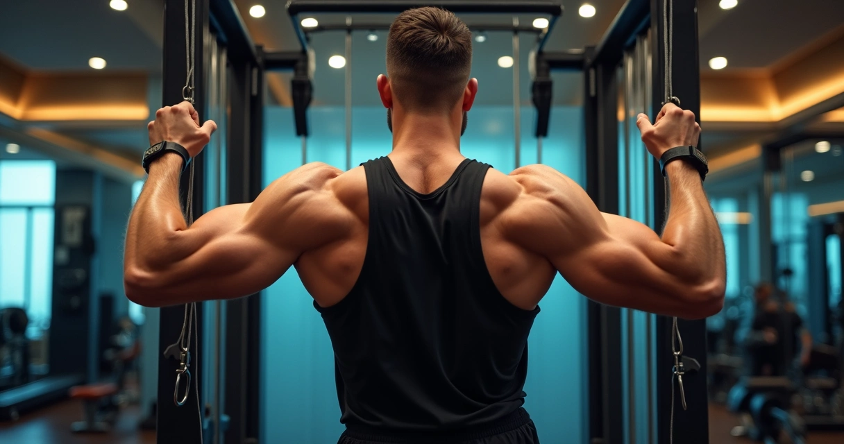 Homem treinando musculação em academia, foco nos músculos dos braços e costas 
