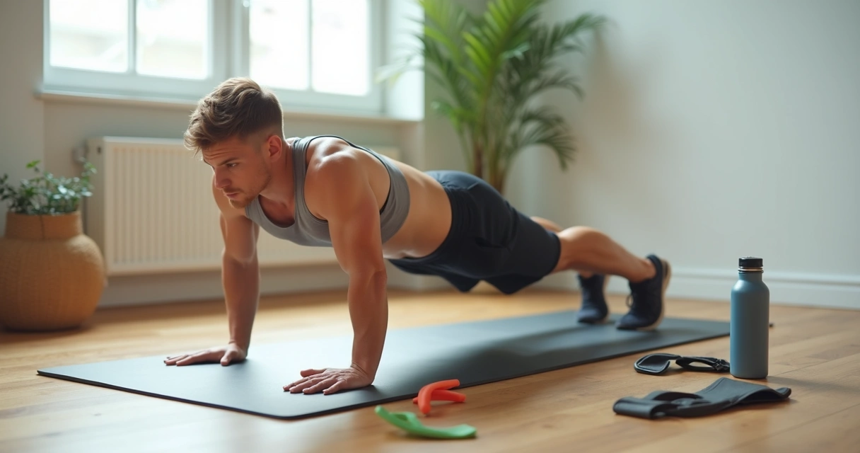 Pessoa treinando em casa fazendo flexão de braço, com equipamentos simples ao redor 