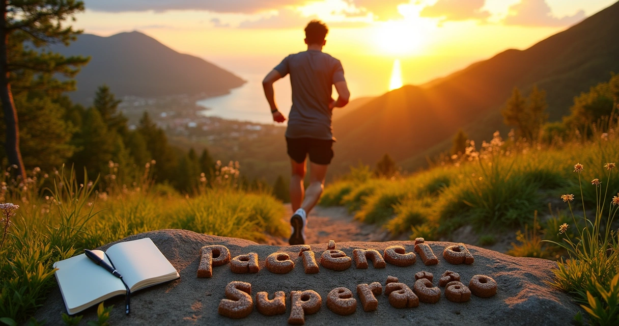Pessoa determinada correndo em uma trilha ao ar livre, com luz do sol ao fundo e palavras motivacionais na paisagem.