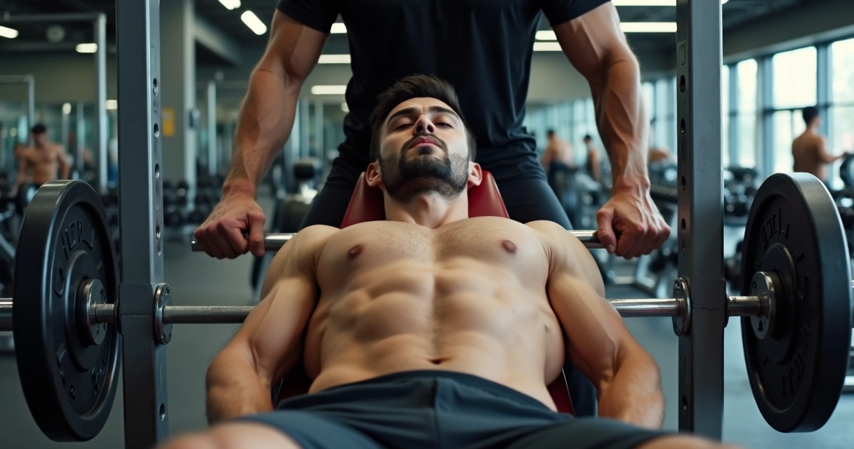 Homem fazendo drop set em aparelho de supino na academia 