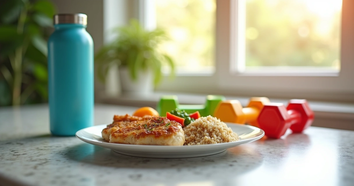 Prato colorido com alimentos saudáveis ao lado de halteres de academia em uma mesa de madeira clara.