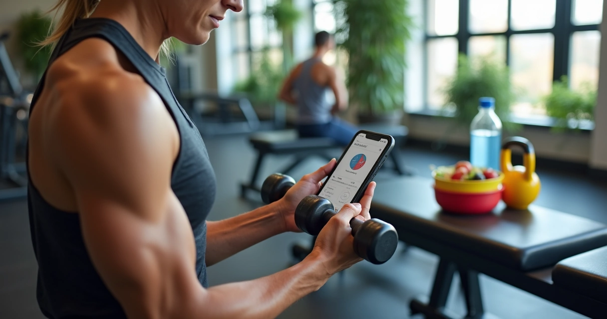 Pessoa fazendo exercícios de musculação enquanto consulta plano de alimentação personalizado no celular 