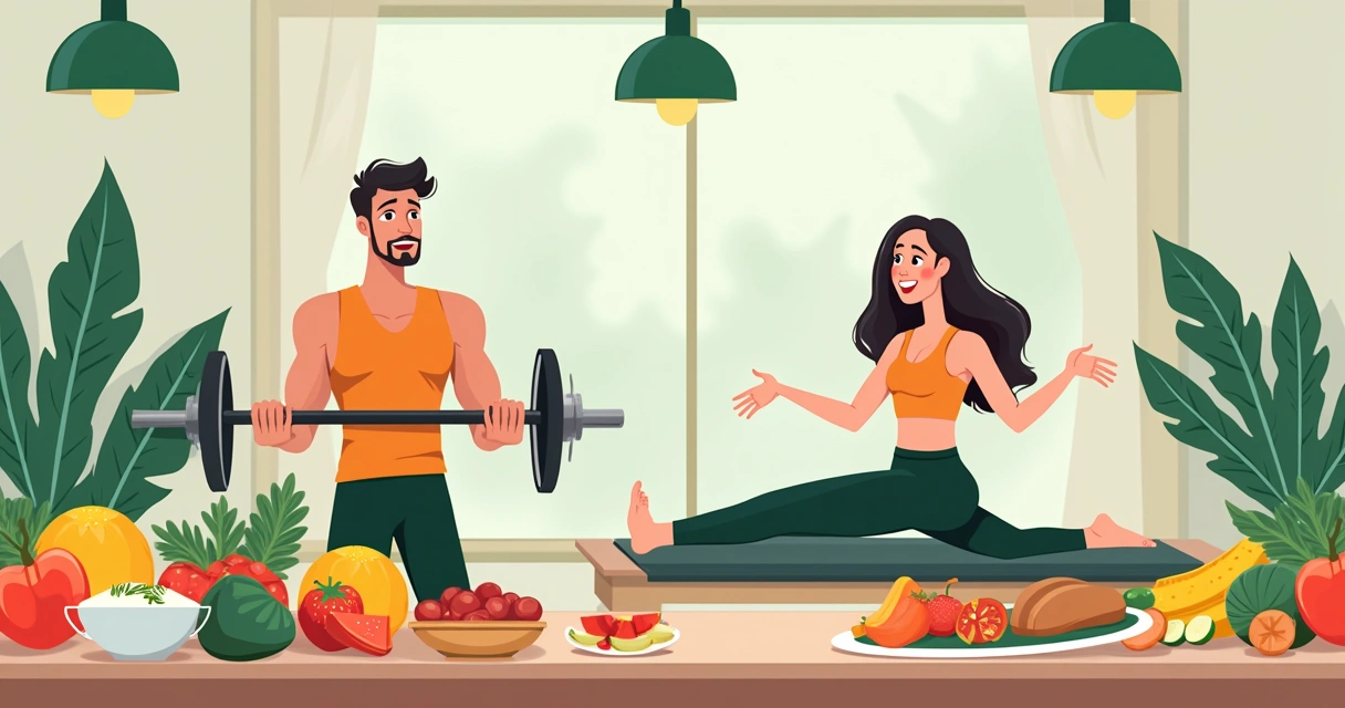 Homem e mulher em treino, com alimentos saudáveis ao fundo, representando a relação entre alimentação e exercícios.