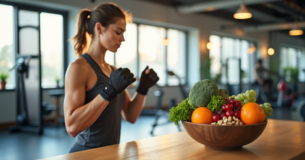 Pessoa fazendo exercícios com peso em academia e tigela com alimentos saudáveis em uma mesa próxima 