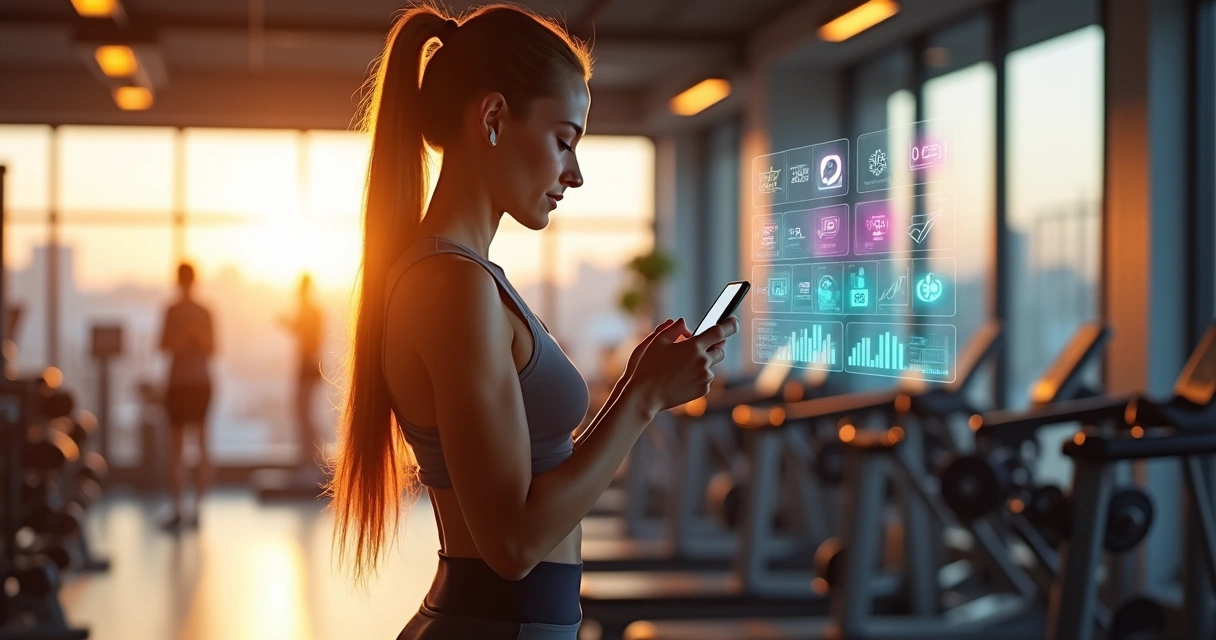 Mulher ajustando treino em aplicativo de smartphone na academia moderna 