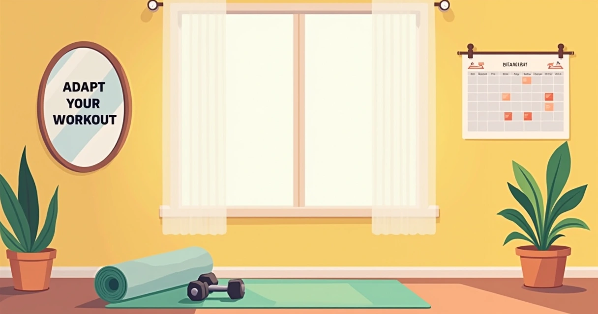Espaço de treino em casa com tapete, halteres, calendário e luz suave do sol. Jardim interior aconchegante.