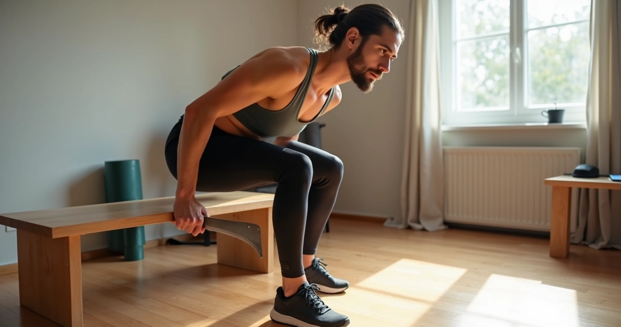 Pessoa treinando em casa usando serrote como acessório de exercício de força 