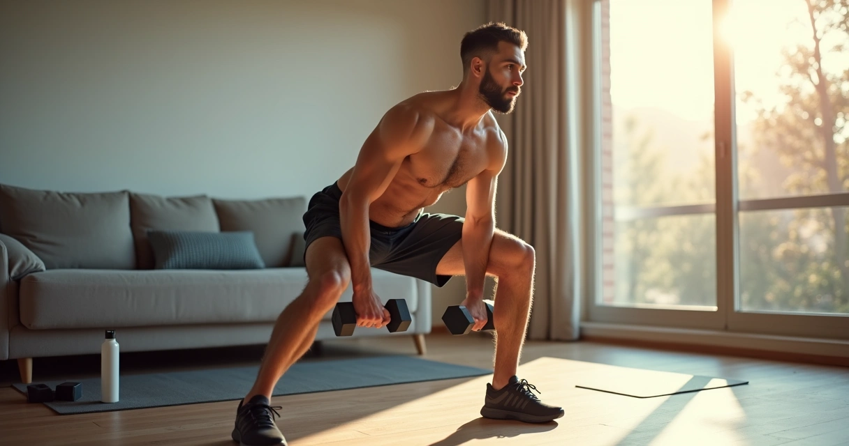 Homem treinando agachamento com halteres em sala de casa clara