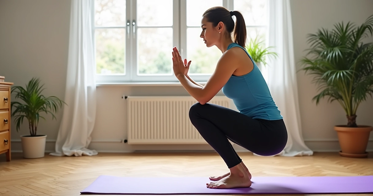 Mulher fazendo agachamento em quarto arejado, tapete fitness no chão