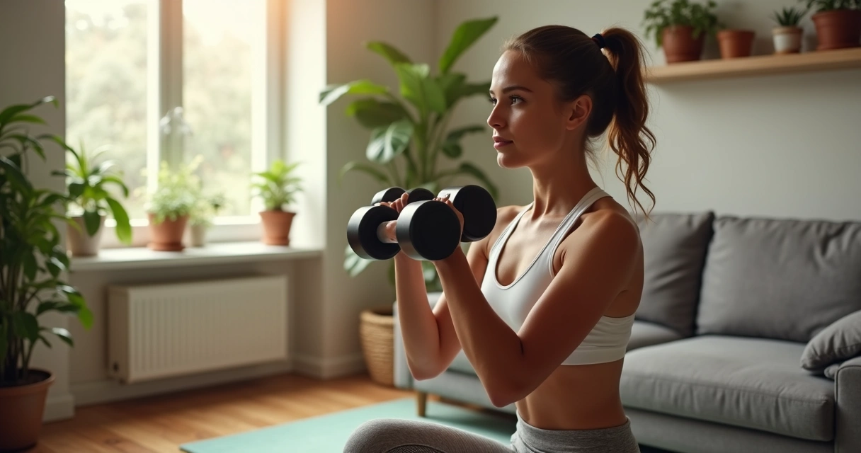 Pessoa treinando em casa com halteres e outros acessórios na sala 