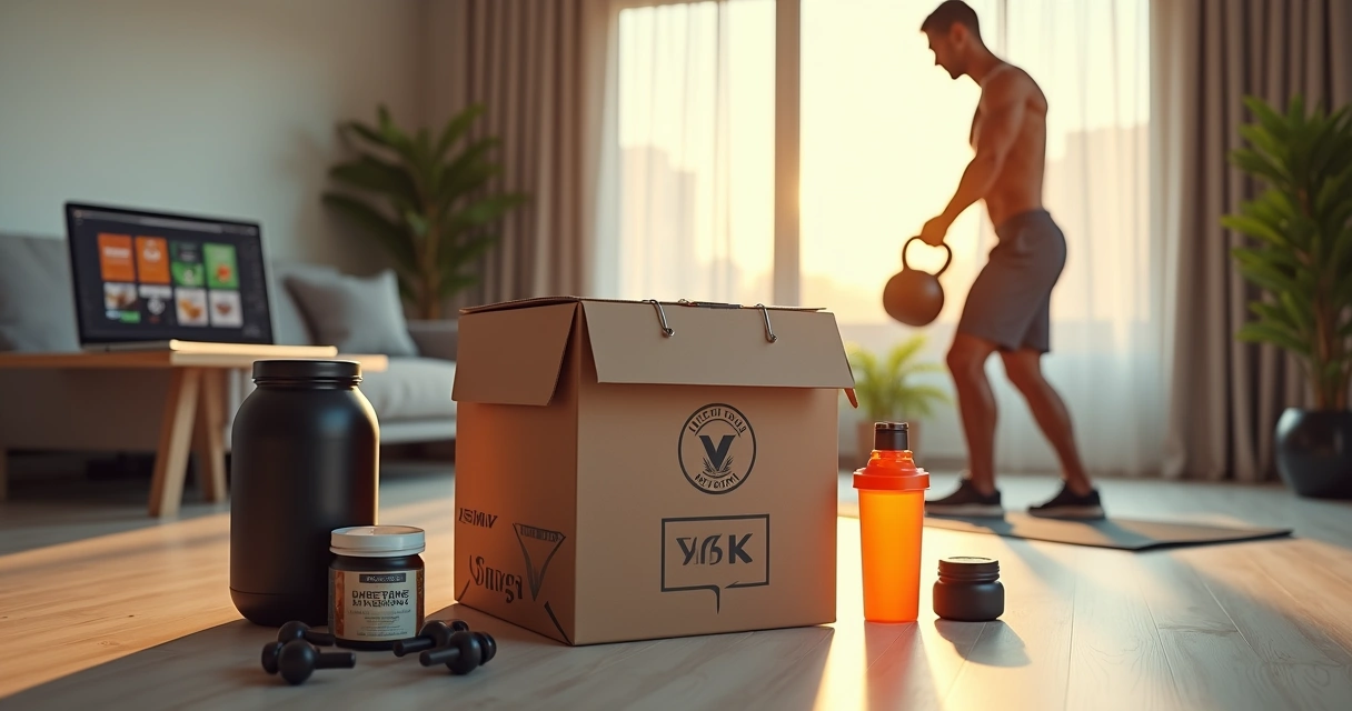 Homem treinando em casa com suplementos esportivos e caixa de entrega online ao lado 