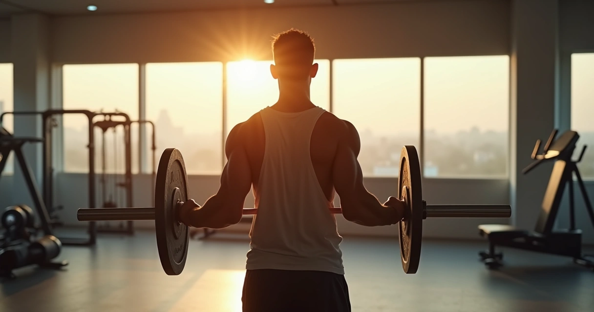 Homem treinando musculação ao amanhecer em academia vazia 