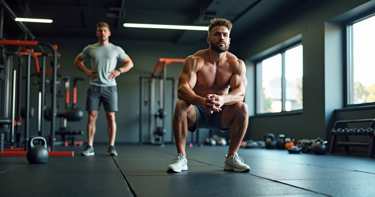 Atleta treinando em academia com piso emborrachado preto e equipamentos ao fundo 