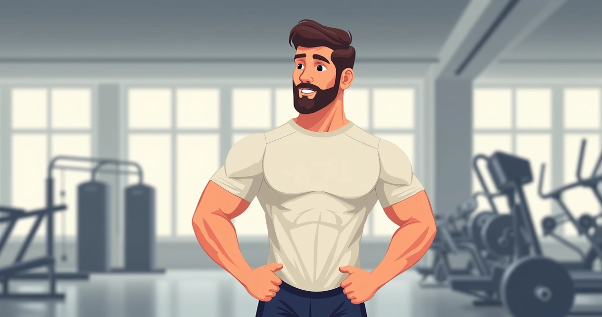 Homem treinando em academia com camiseta masculina clara e moderna, aparência confortável