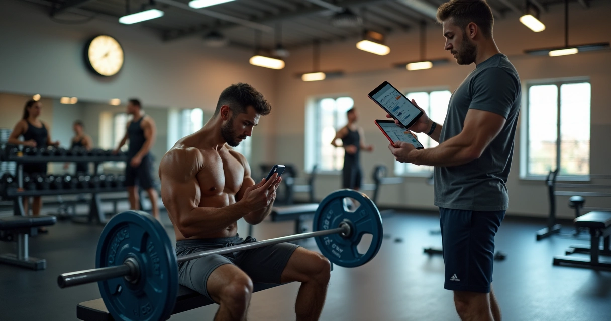 Homem na academia distraído no celular enquanto personal corrige a execução do exercício 