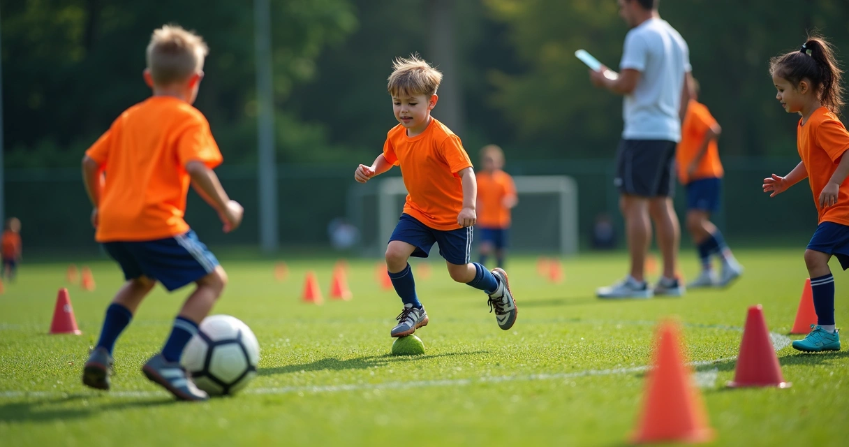 Criança passando por treino técnico em escola de futebol