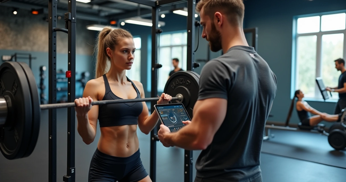 Personal trainer ajustando carga em barra de agachamento para aluna na academia 