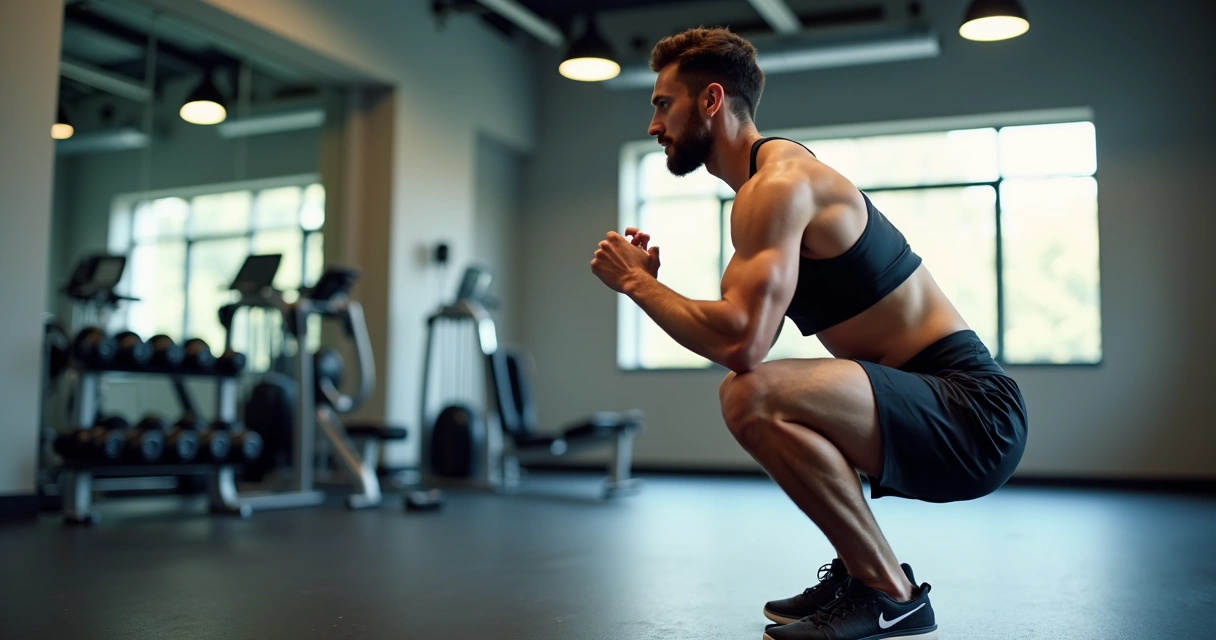 Pessoa realiza agachamento com movimento completo e atenção à postura.