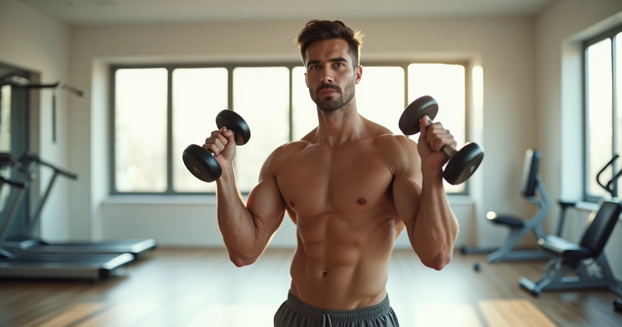 Pessoa treinando força com foco em braços e abdômen em academia clara 