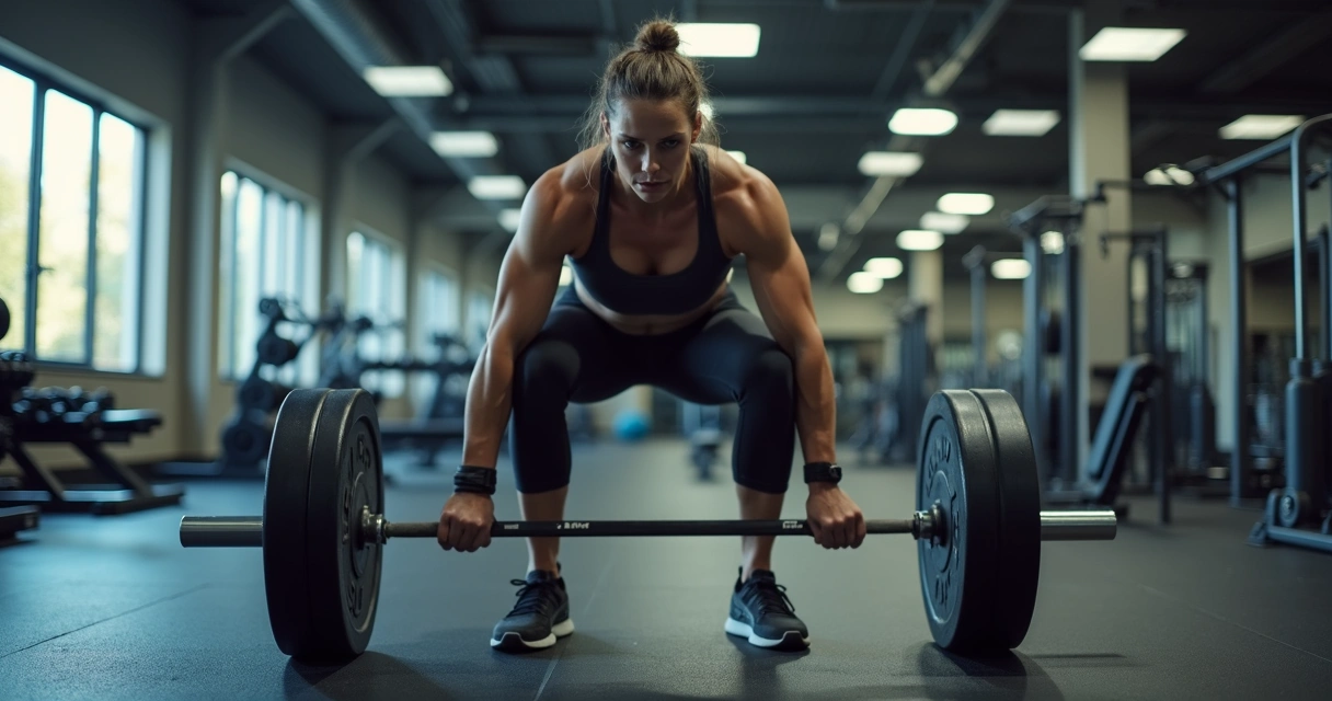 Pessoa realizando levantamento terra com barra em academia 