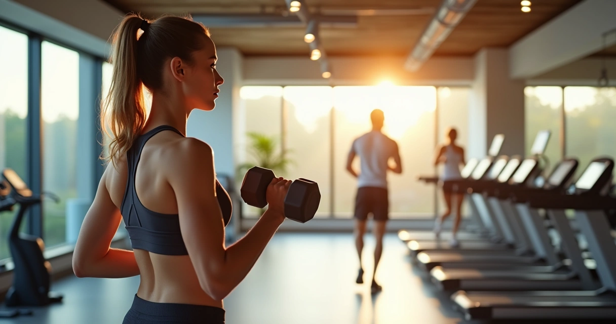 Pessoa treinando com pesos e fazendo esteira lado a lado em uma academia iluminada 