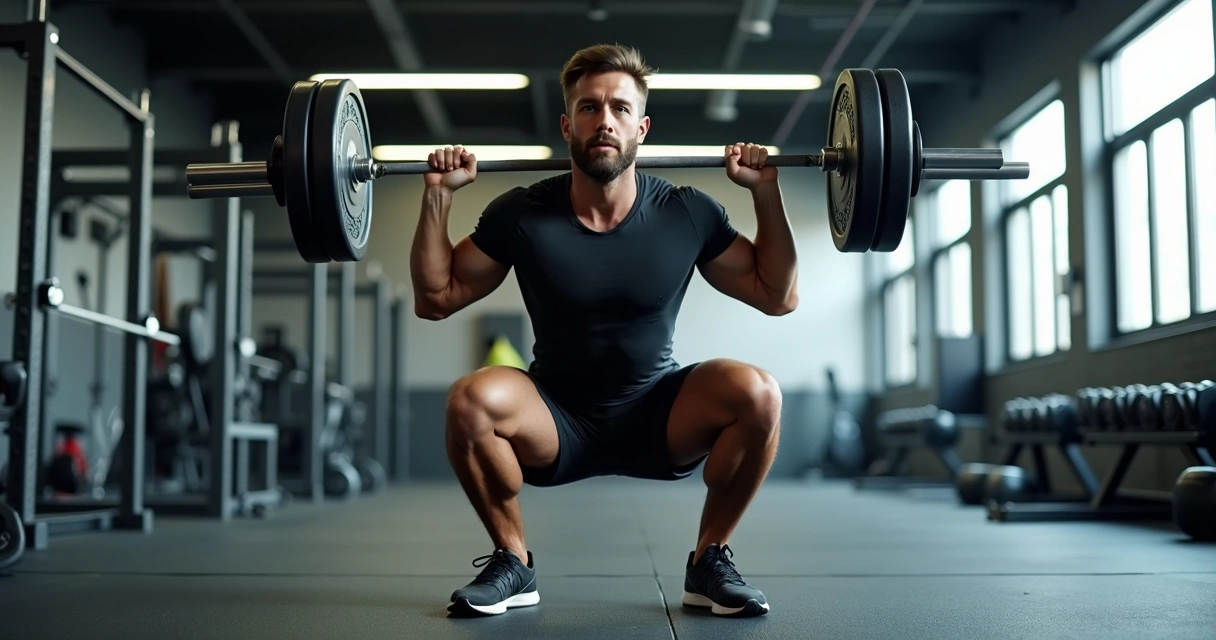 Homem fazendo agachamento livre com barra em academia moderna 