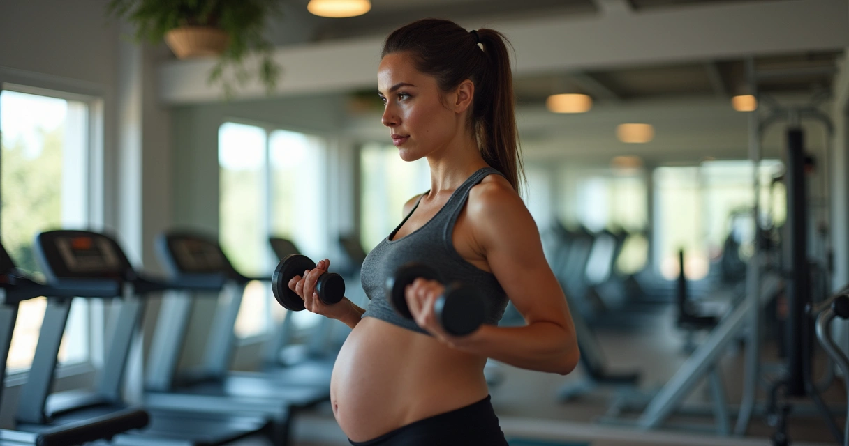 Mulher gestante faz exercício de musculação na academia 