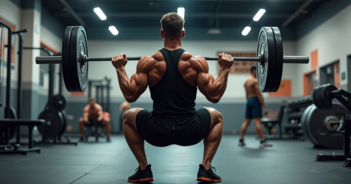 Pessoa realizando agachamento com barra em academia 