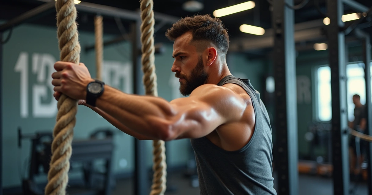 Pessoa executando treino funcional com corda pesada na academia, fundo desfocado de aparelhos