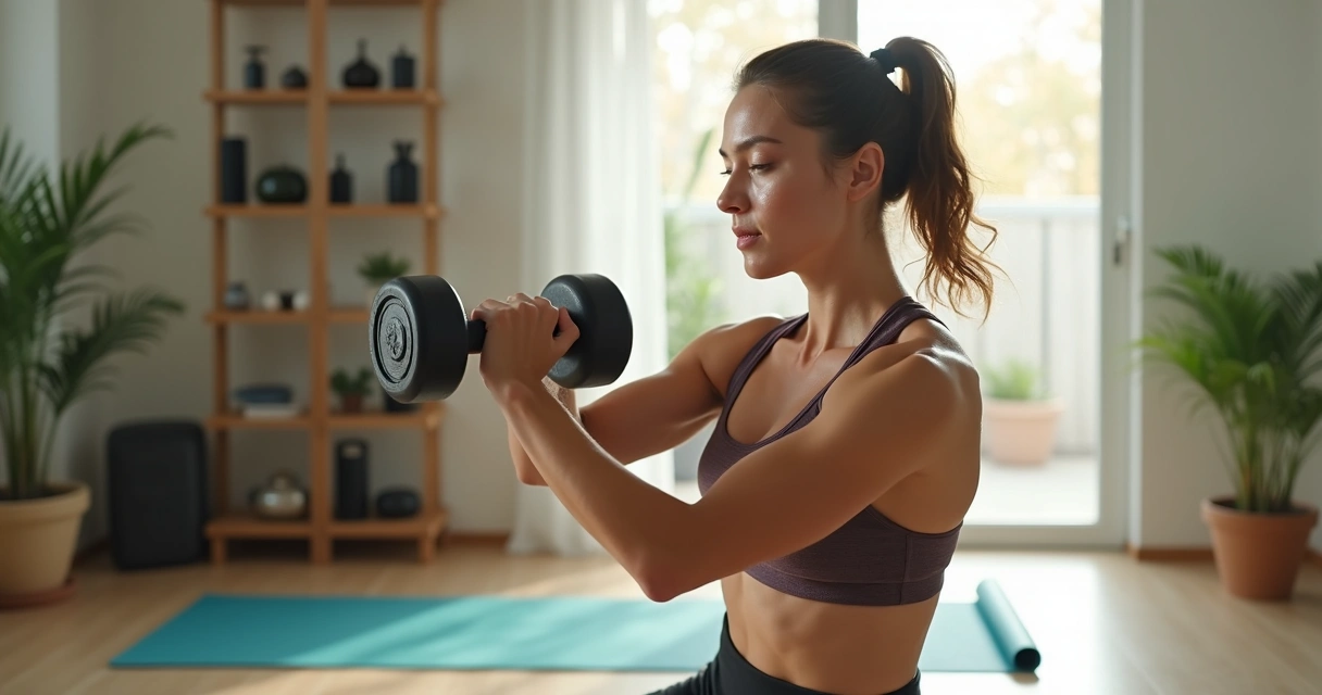 Pessoa realizando treino funcional intenso em casa com equipamentos simples, ambiente claro e organizado 