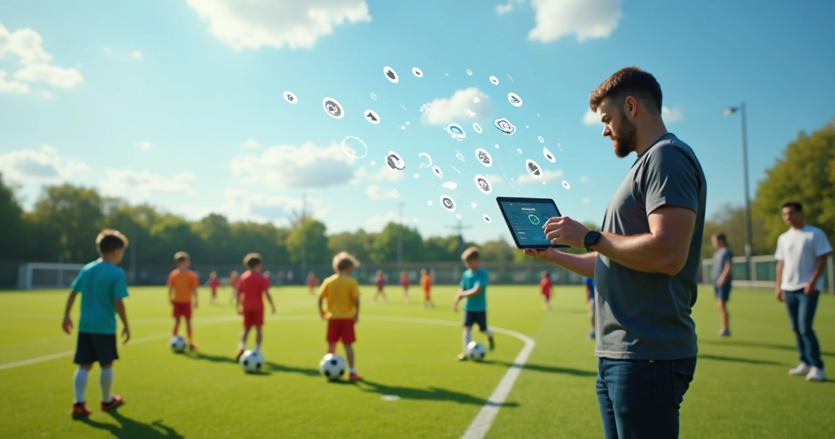 Instrutor de futebol usando tablet durante treino com crianças 