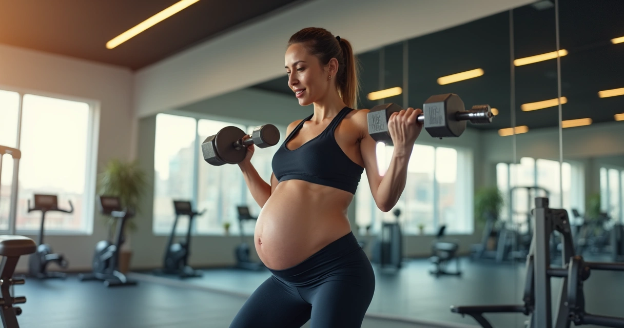 Gestante fazendo exercício com halteres leves em academia espaçosa 