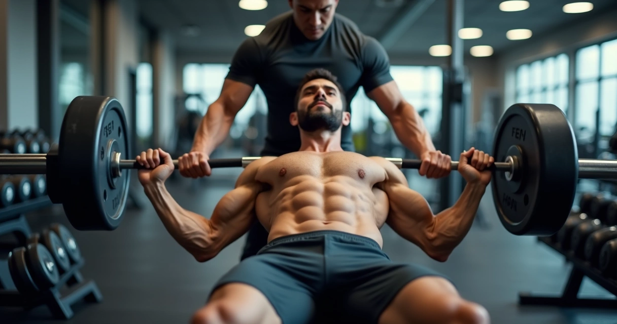 Homem fazendo supino reto pesado em academia com foco em hipertrofia usando método GVT 